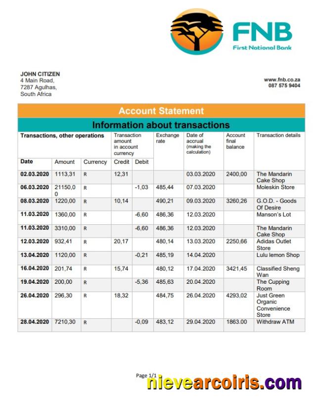 South Africa First National Bank (FNB) proof of address statement in Word and PDF format